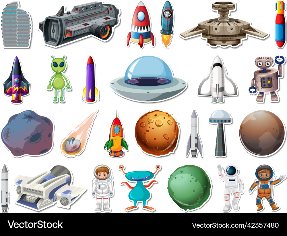 Sticker set of outer space objects and astronauts Sticker set of outer space objects and astronauts vector image
