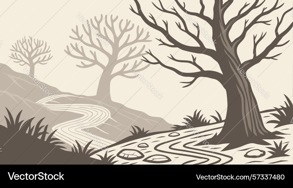 Twisted bare tree on winding path mysterious vector image