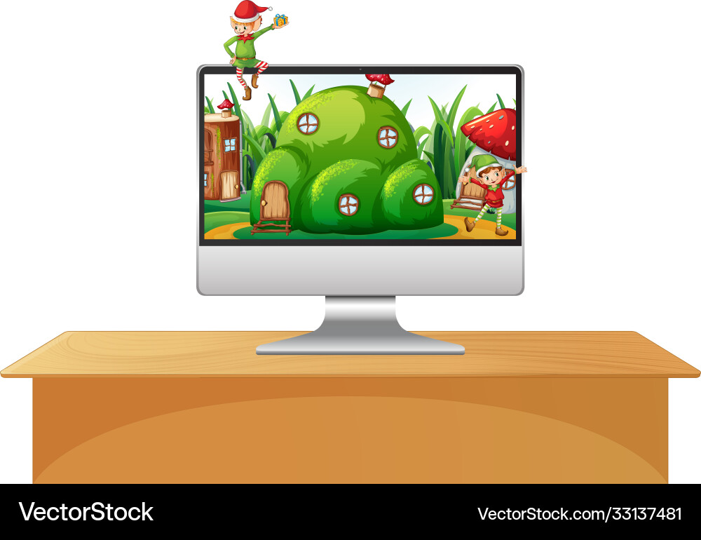 Elf on computer desktop Elf on computer desktop vector image