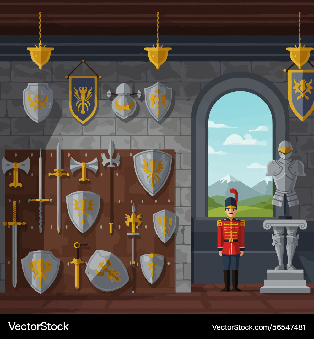 Exploring the armory display with guard Exploring the armory display with guard Vector Image