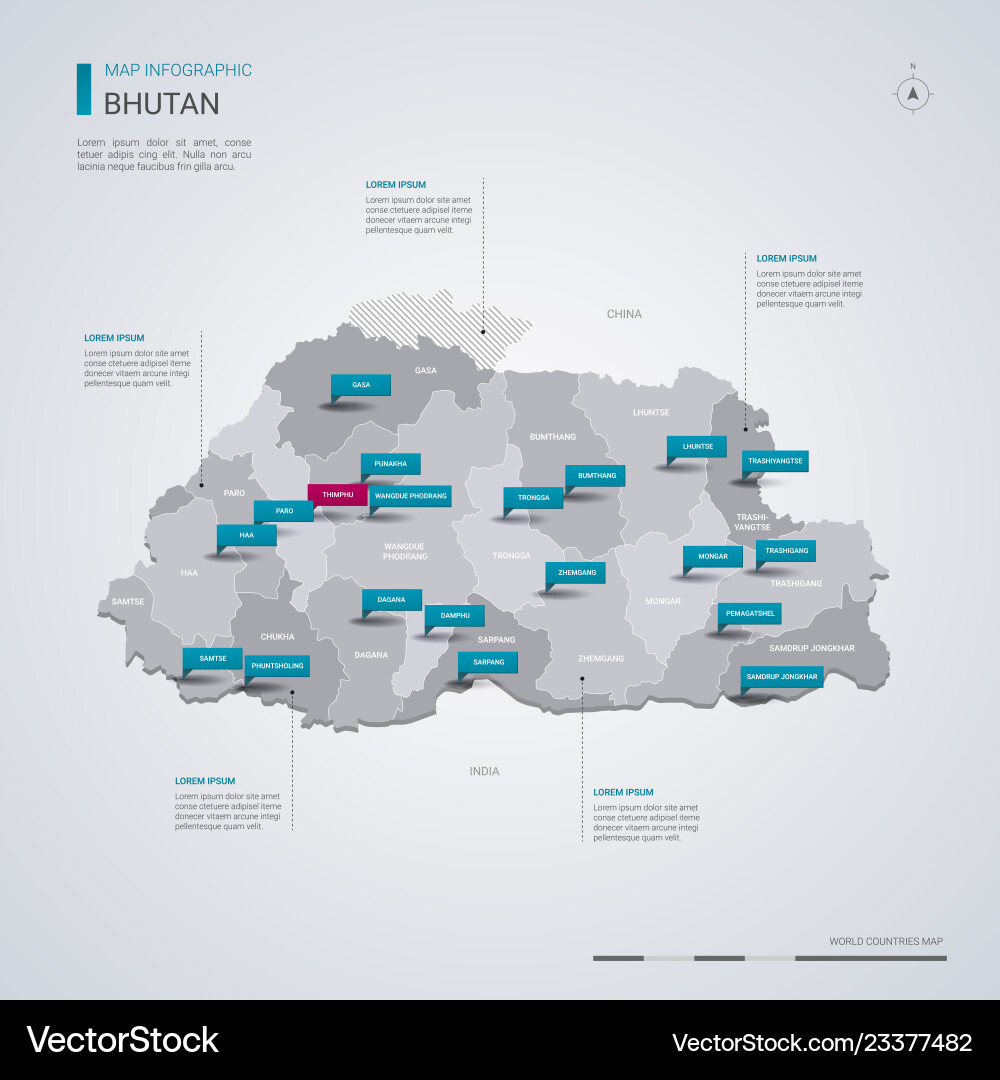Bhutan map with infographic elements pointer marks vector image