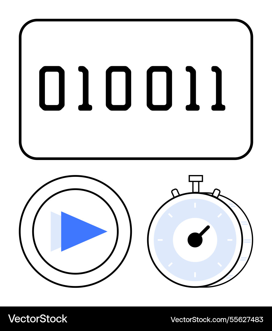 Binärcode mit Spieltaste und Stoppuhr Binärcode mit Spieltaste und Stoppuhr Vektorbild