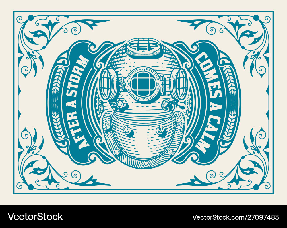 Old logo with floral frame and scuba helmet Old logo with floral frame and scuba helmet vector image
