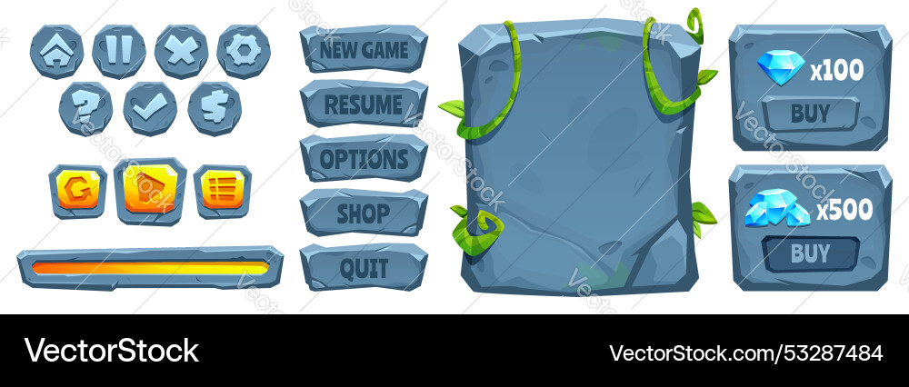 Jungle stone game ui buttons set Jungle stone game ui buttons set vector image