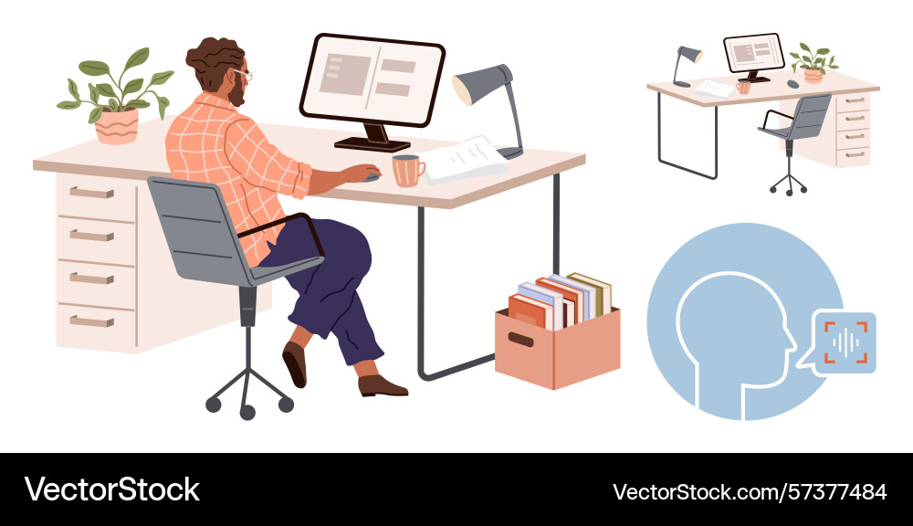 Professional man working at desk with computer Professional man working at desk with computer vector image