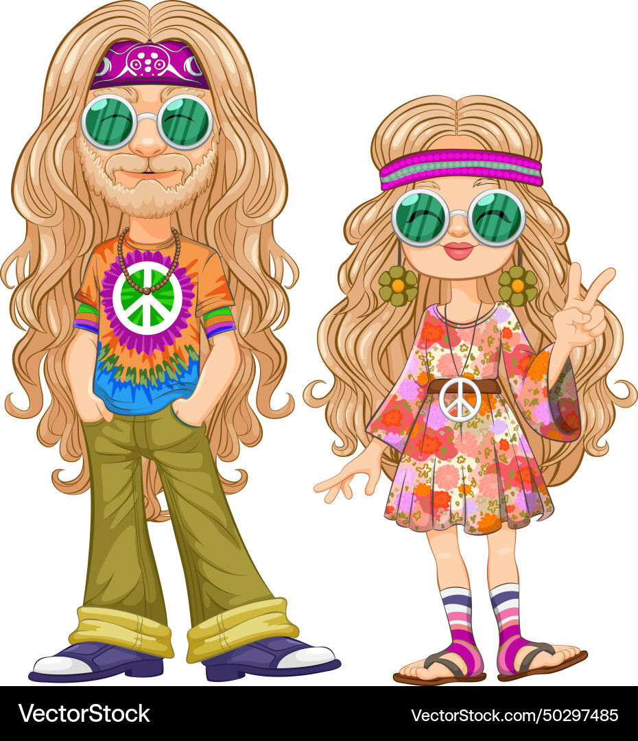 Cartoon of hippie man and girl showing peace signs Cartoon of hippie man and girl showing peace signs vector image