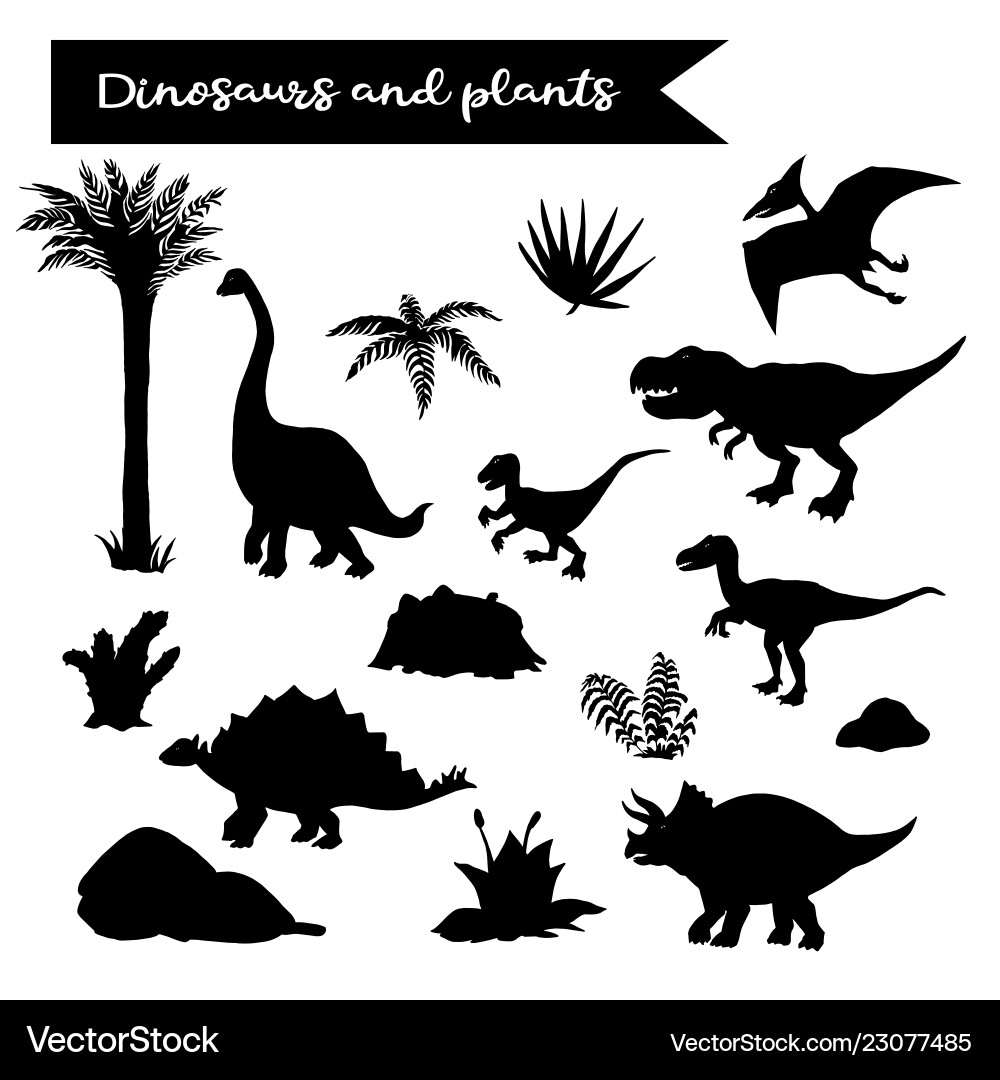 Dinosaur Silhouette Set with Plants Vector Image