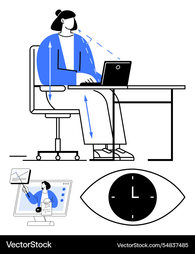 Ergonomic workspace setup tips with monitor time Vector Image