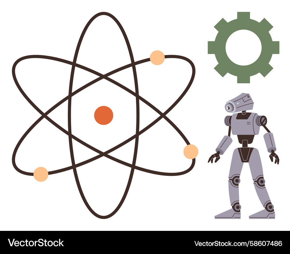 Robot with atom model and gear representing Vector Image