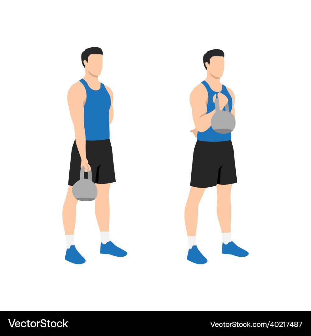 Man doing bicep curl with kettlebell exercise Man doing bicep curl with kettlebell exercise vector image