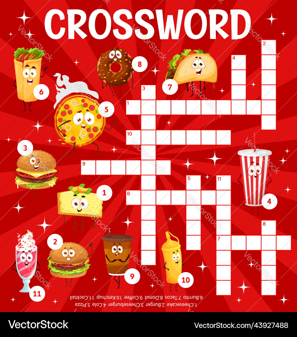 Cartoon takeaway fast food crossword puzzle game vector image