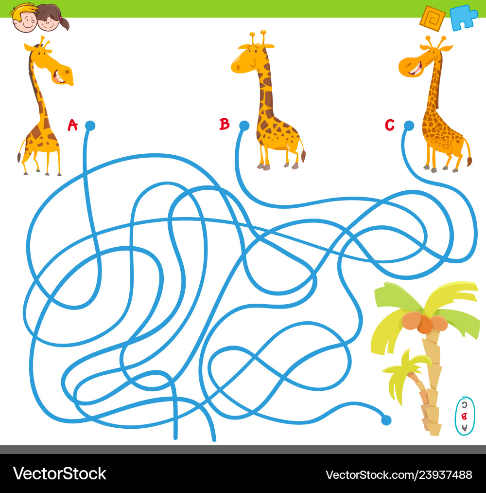 Maze game with giraffes and palm trees Maze game with giraffes and palm trees vector image