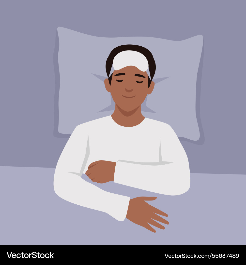 Man wearing sleep mask lies in bed with a relaxed Man wearing sleep mask lies in bed with a relaxed vector image