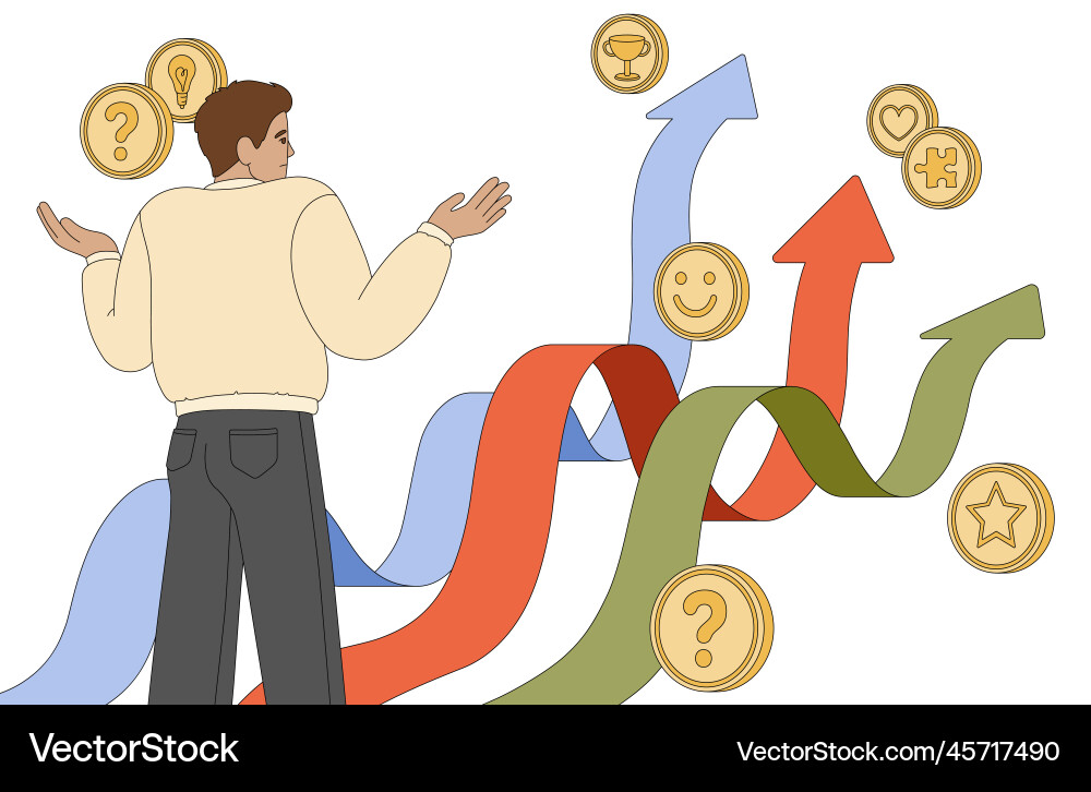 Flat man looking at multiple pathways and choose Flat man looking at multiple pathways and choose vector image