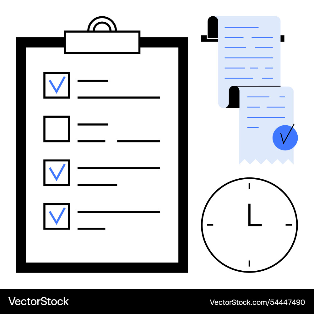 Task list with checks and time management icons Task list with checks and time management icons vector image