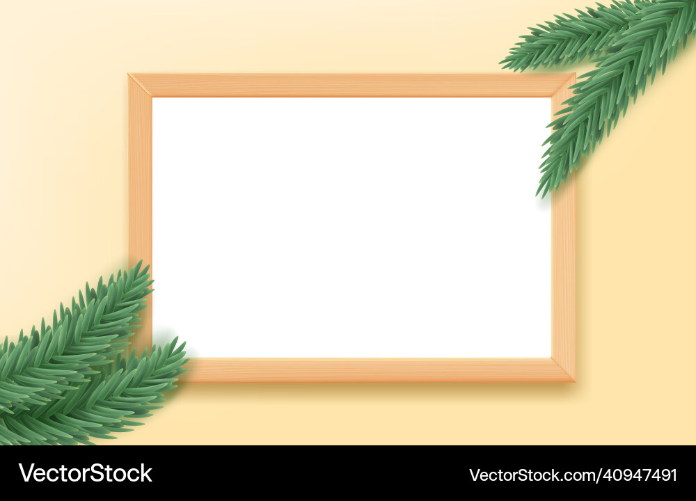 Empty wood frame on the table with pine branches vector image