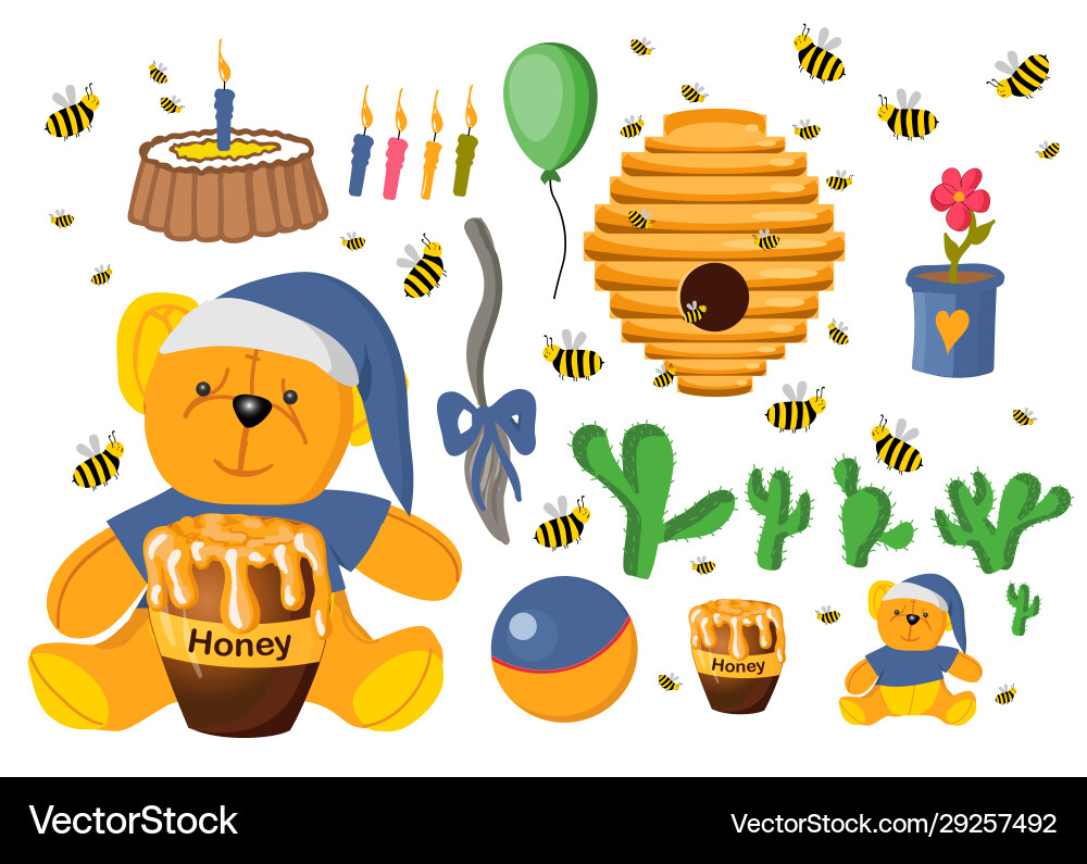 Sticker set winnie pooh spielzeug isoliert Sticker set winnie pooh spielzeug isoliert vektorbild