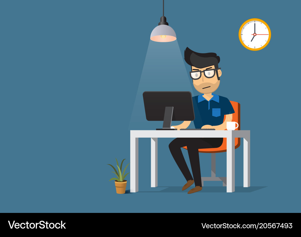 Man working on desktop computer and coffee cup vector image