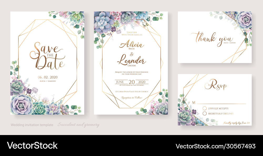 Succulent Wedding RSVP Card - Green & Gold vector image