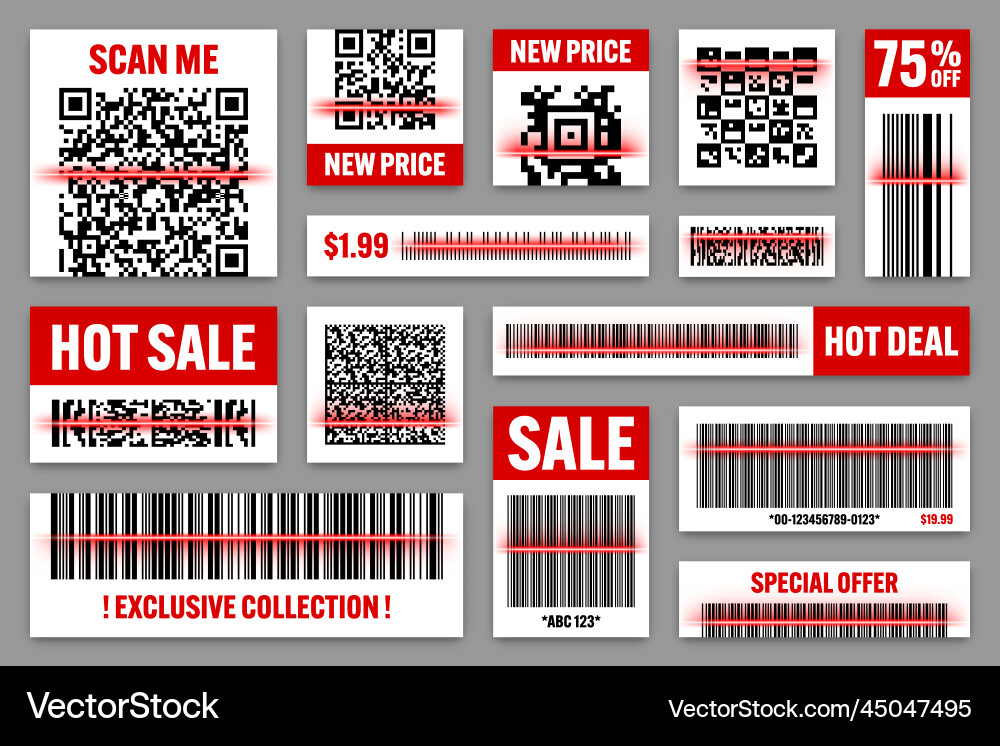 Product barcodes and qr codes with red scanning Product barcodes and qr codes with red scanning vector image