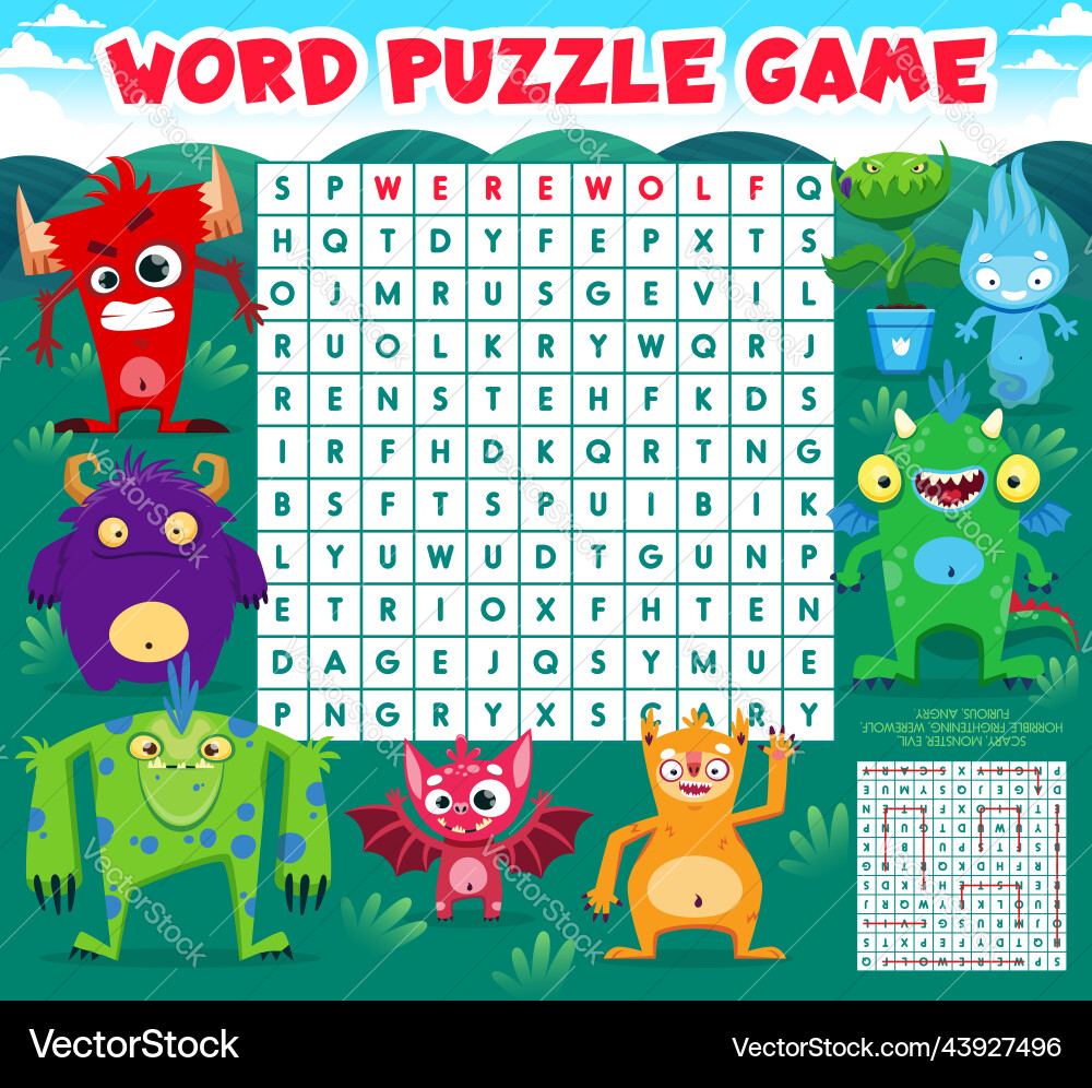 Word search puzzle game with monster characters vector image