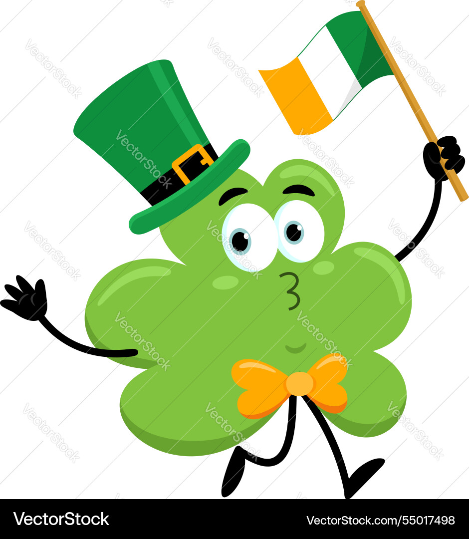 Clover leaf cartoon character running with flag Vector Image