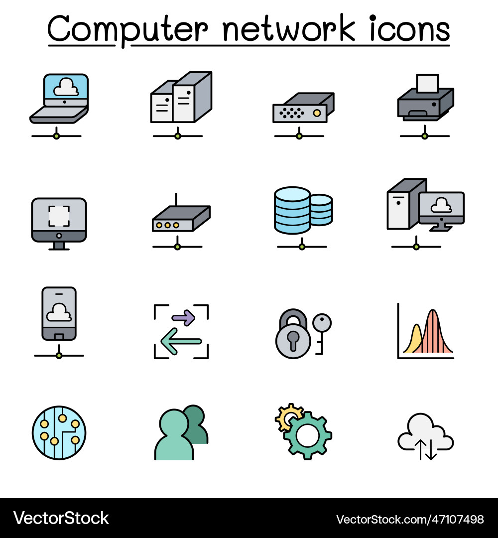 Computer network and cloud computing color line Computer network and cloud computing color line vector image