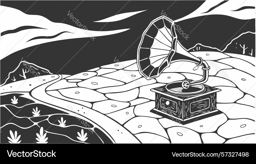 Gramophone on a geometric grid path design vector image