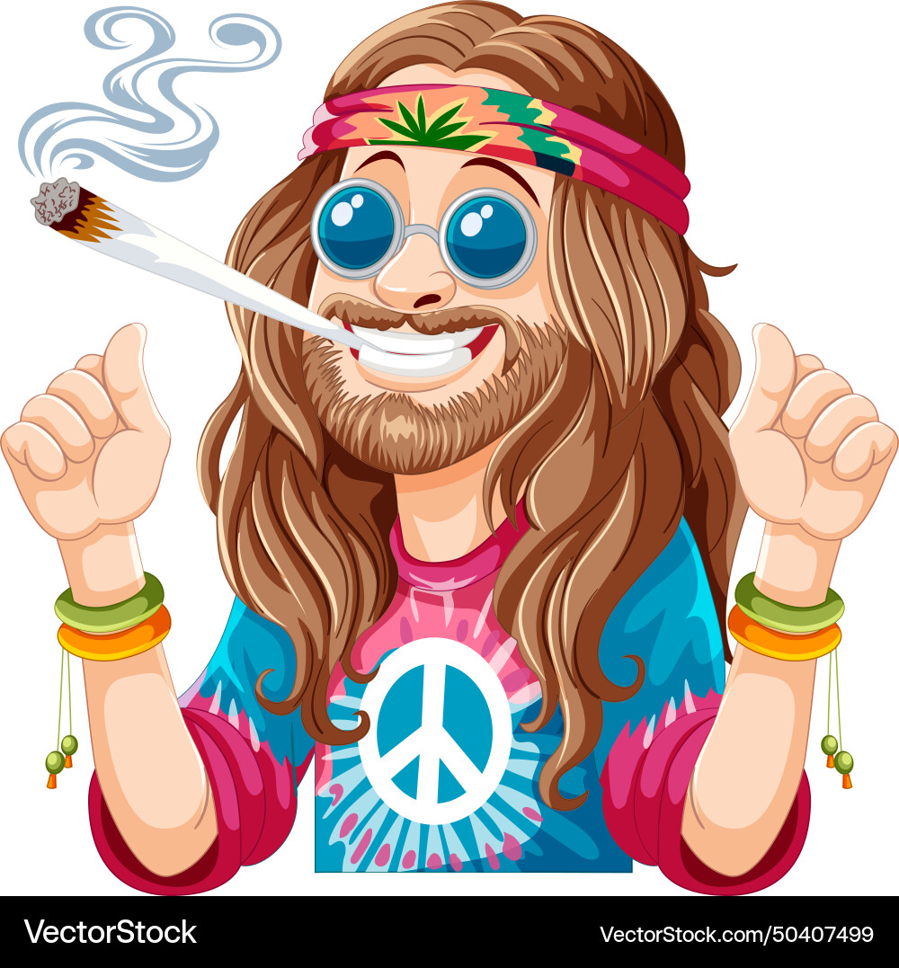 Cartoon hippie with joint peace sign and headband vector image