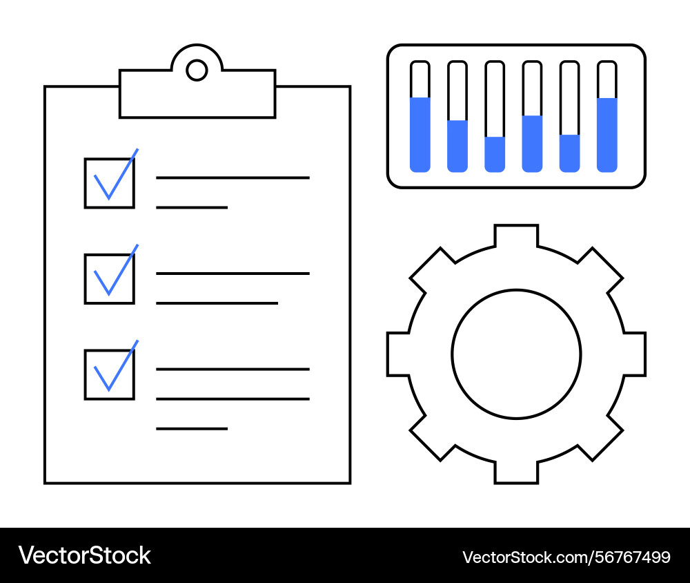Task checklist with gear and bar graph Task checklist with gear and bar graph vector image