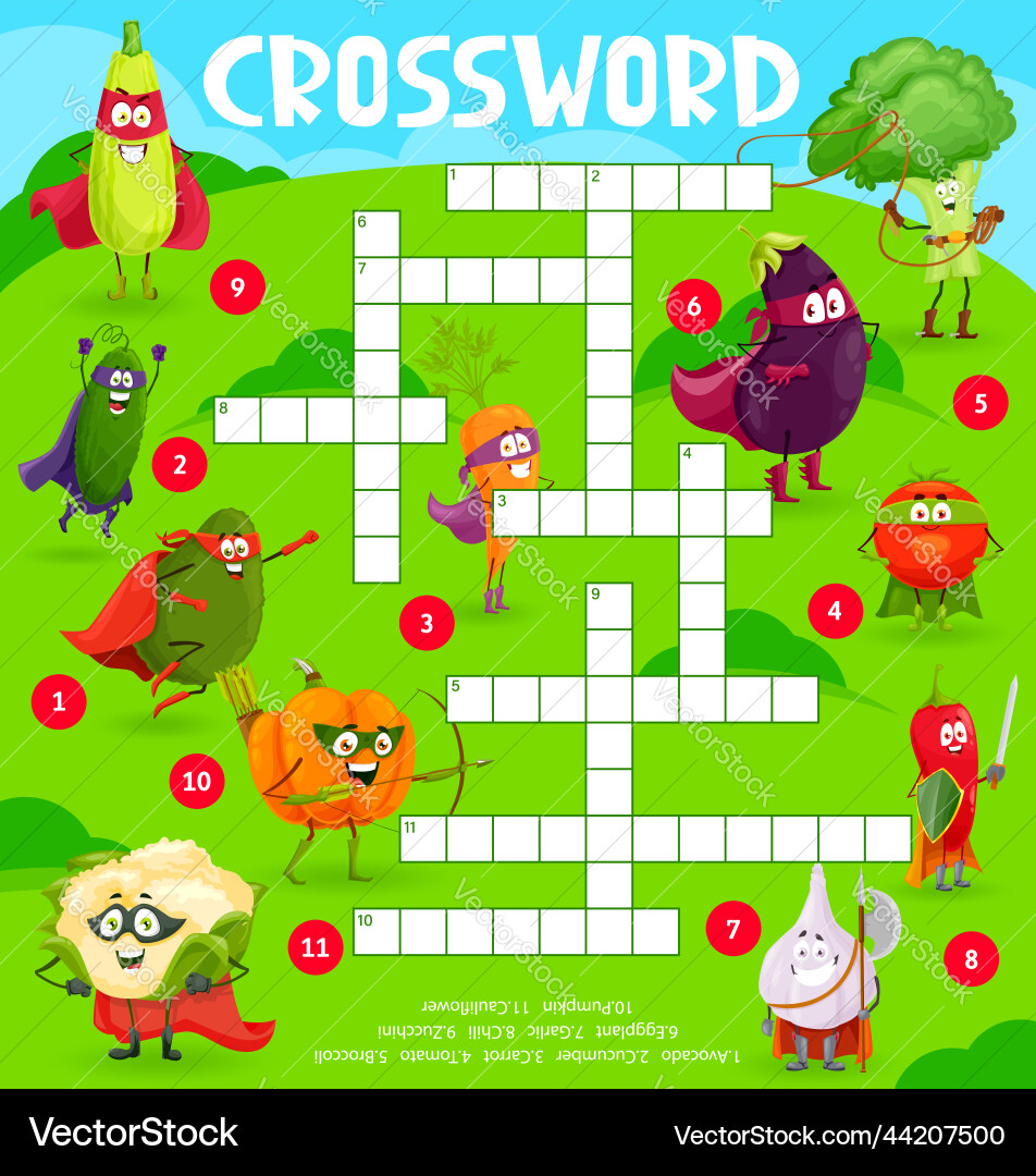 Cartoon vegetable superhero crossword puzzle game vector image