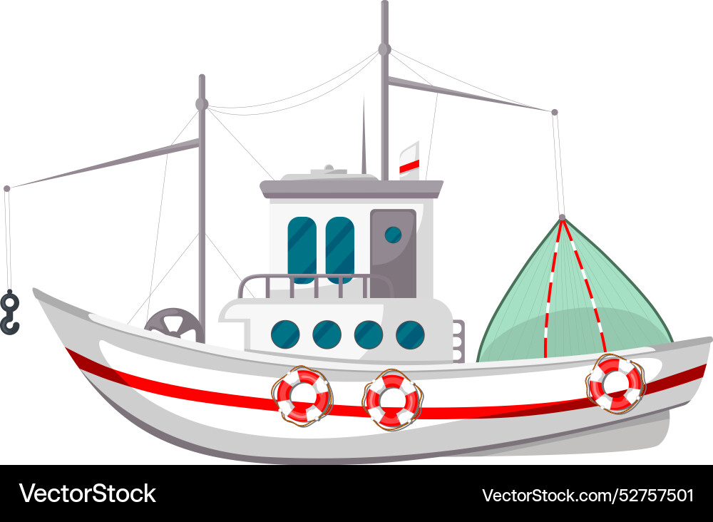 A fishing boat equipped with nets and lifebuoys A fishing boat equipped with nets and lifebuoys vector image