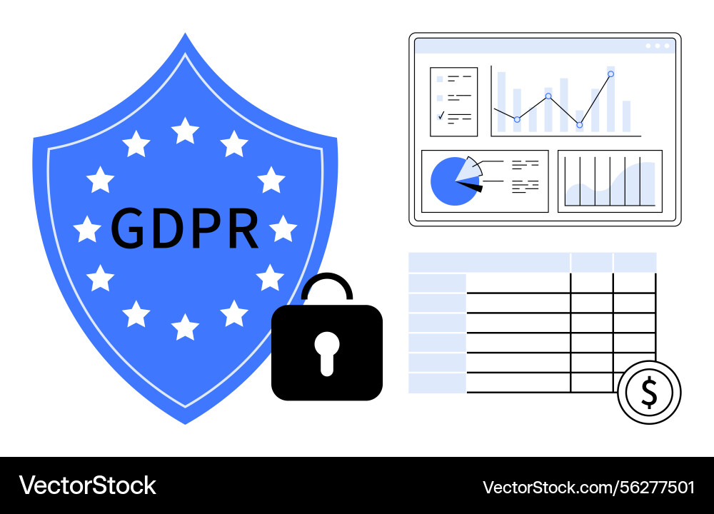 Gdpr shield with lock data analytics dashboard Gdpr shield with lock data analytics dashboard vector image