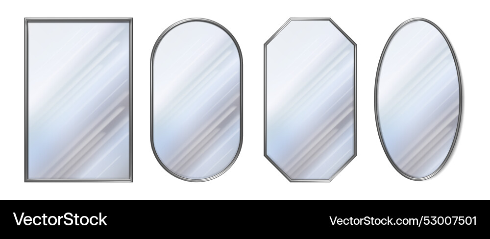Realistic mirrors in different shapes with frames Realistic mirrors in different shapes with frames vector image