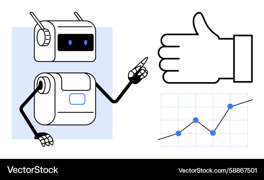 Robot analyzing data and pointing to positive Robot analyzing data and pointing to positive Vector Image