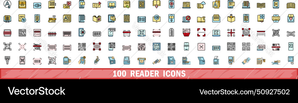 100 reader icons set color line style 100 reader icons set color line style vector image