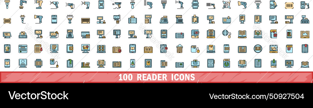 100 reader icons set color line style 100 reader icons set color line style vector image