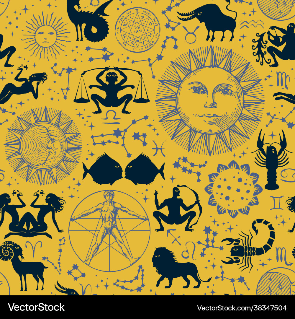 Seamless pattern with sun moon and zodiac signs Vector Image