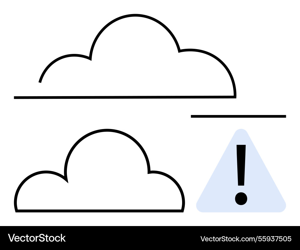 Two overlapping cloud shapes with alert triangle Two overlapping cloud shapes with alert triangle vector image
