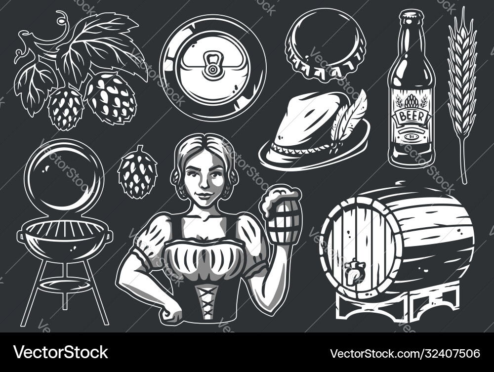 Bar tools barrel spikelet beer can and hop Vector Image