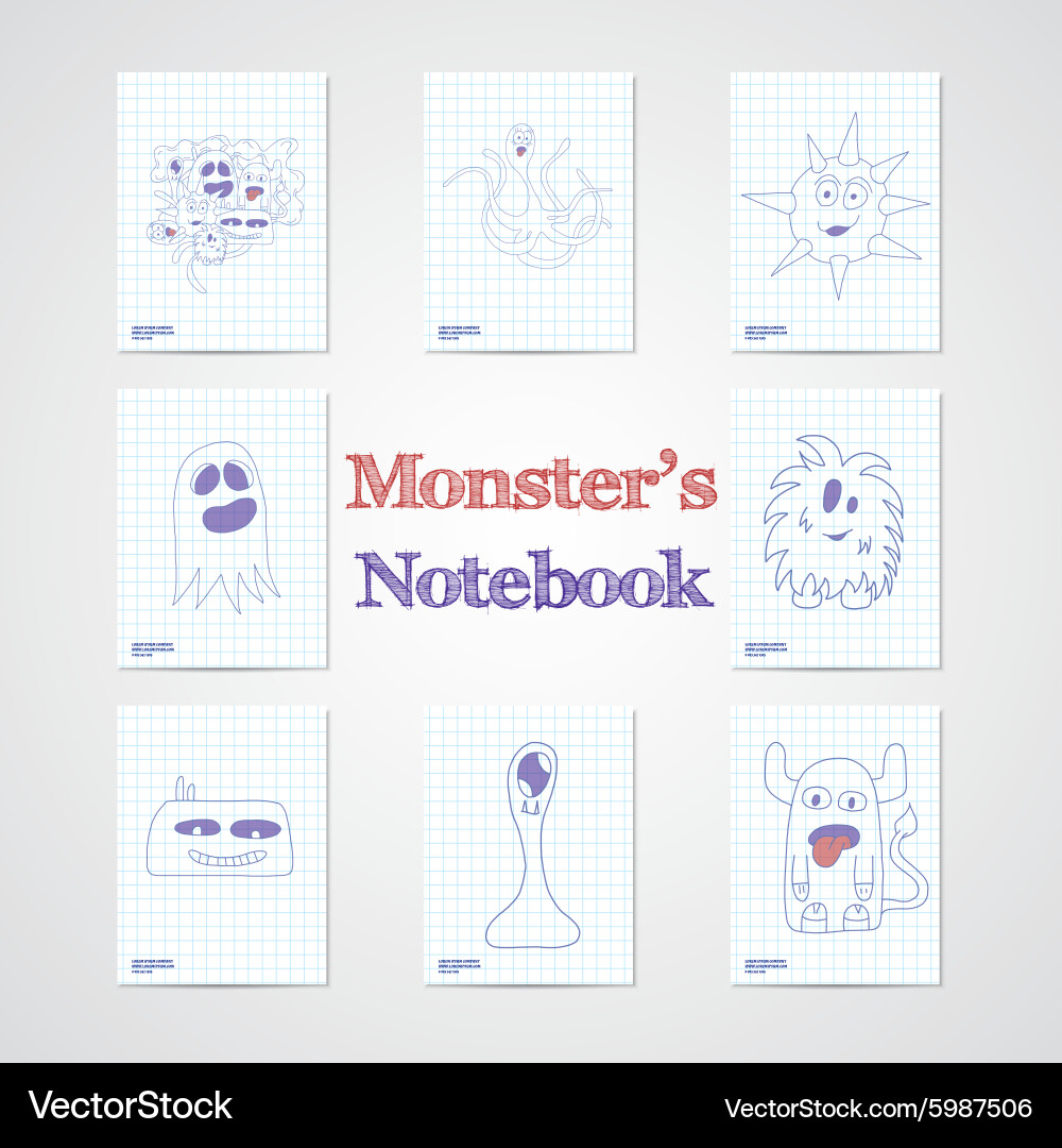 Set of eight notebook sheets with funny monsters vector image