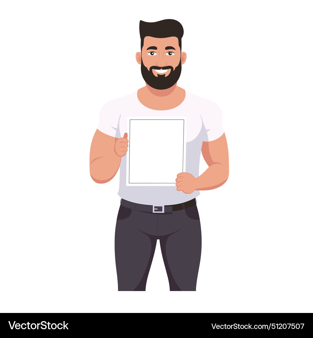 Smiling Man with Blank Sign - Customization Ready Vector Image
