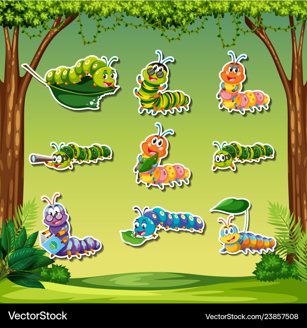 Set of caterpillar sticker on forest background Set of caterpillar sticker on forest background vector image