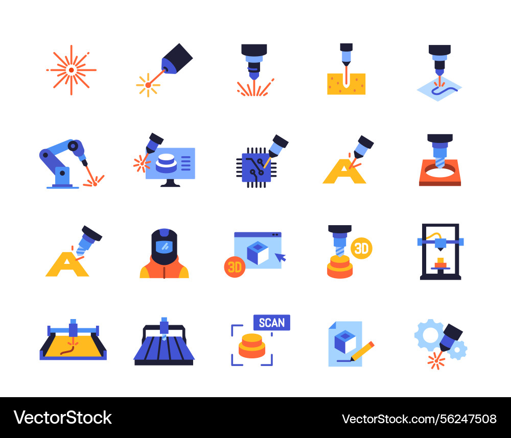 Set von Icons im Zusammenhang mit Laserschneiden bunt Set von Icons im Zusammenhang mit Laserschneiden bunt vektorbild