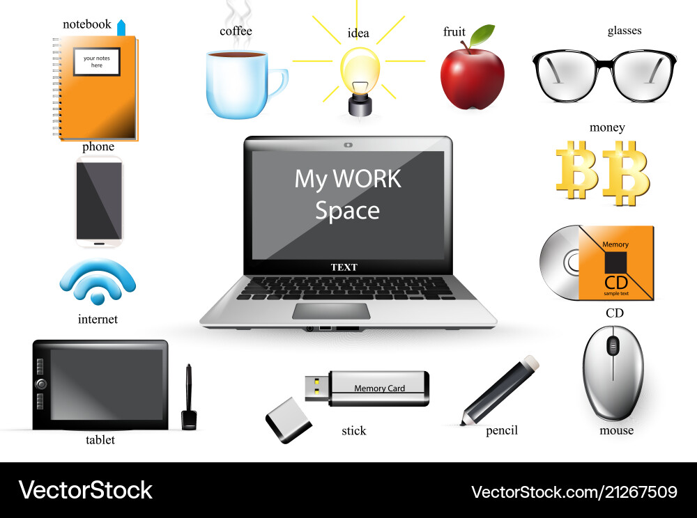 Work space computer usb notebook Work space computer usb notebook vector image
