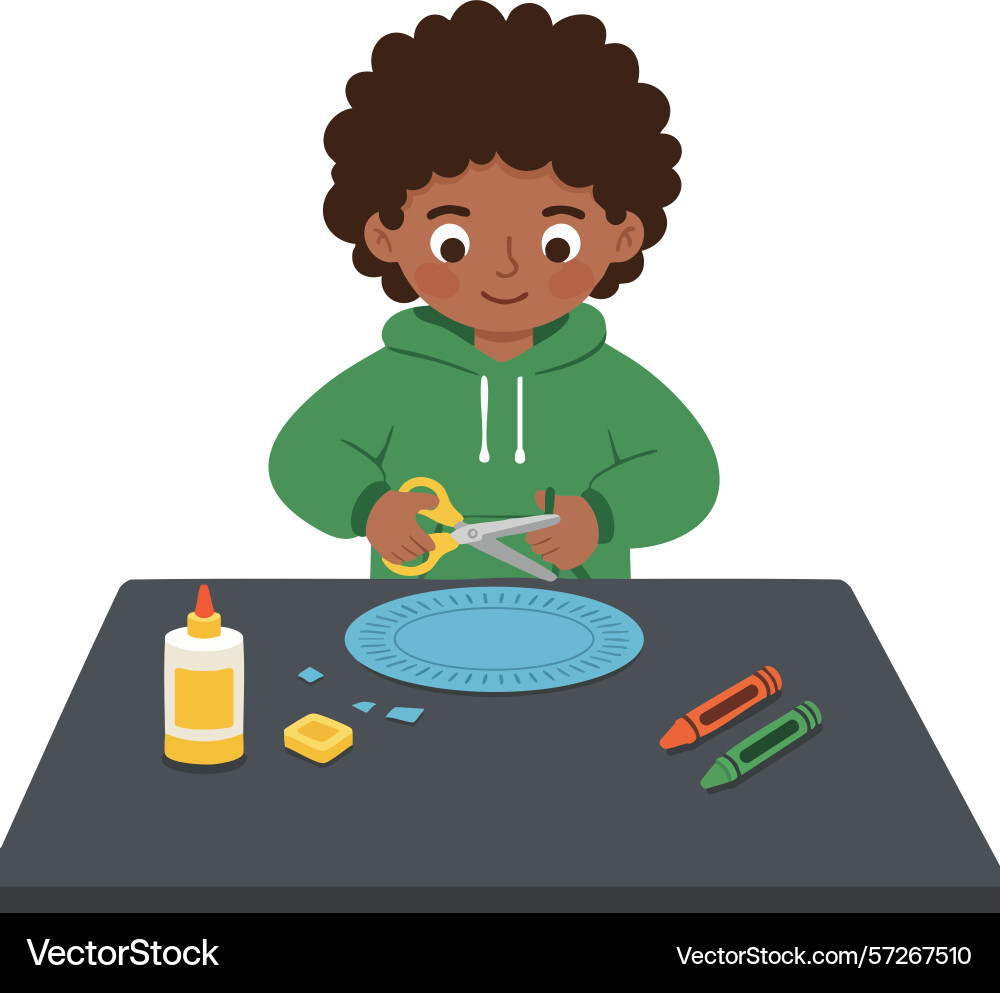 Child cutting paper craft with scissors at table Vector Image