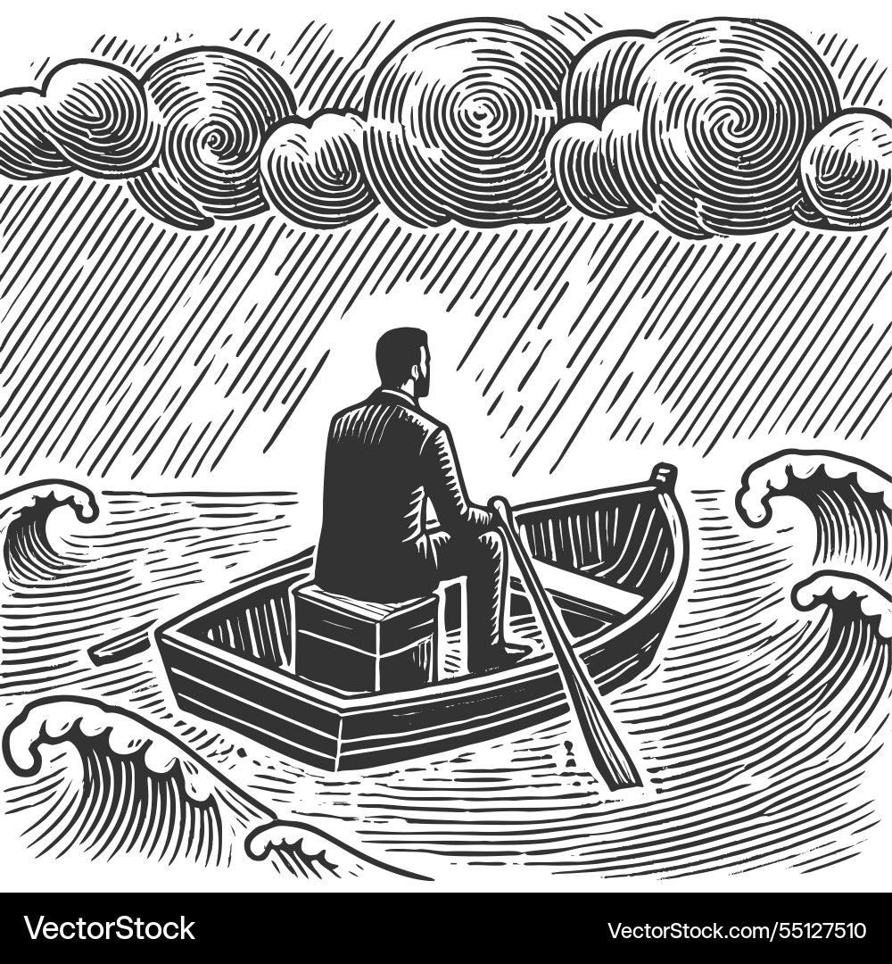 Man in rowboat facing storm Man in rowboat facing storm Vector Image