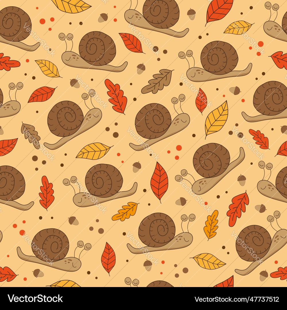 Autumnal seamless pattern with snail acorn leaf Autumnal seamless pattern with snail acorn leaf vector image