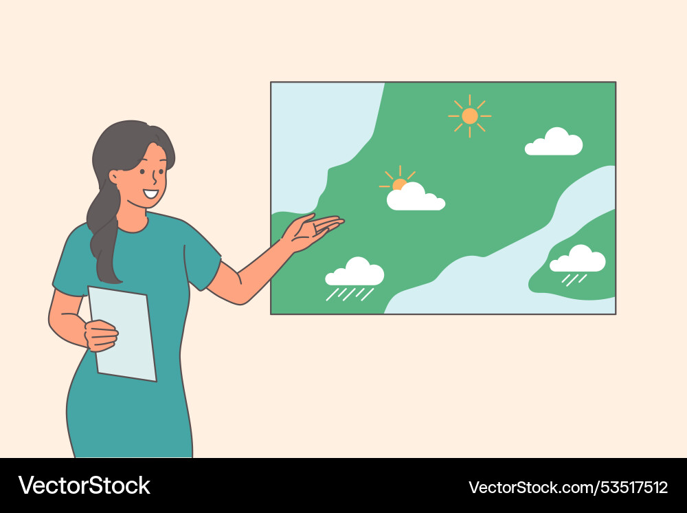 Frau gibt Wettervorhersage auf tv stehen in der Nähe Frau gibt Wettervorhersage auf tv stehen in der Nähe vektorbild