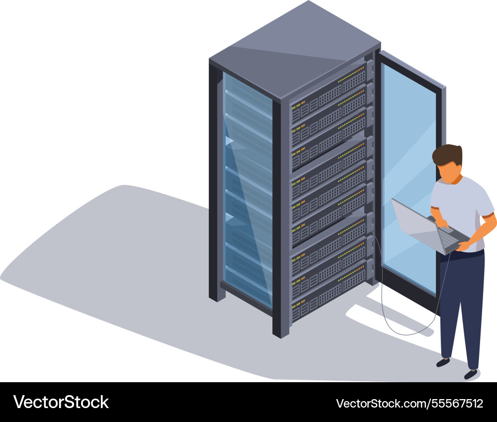 Isometric system administrator configuring server vector image